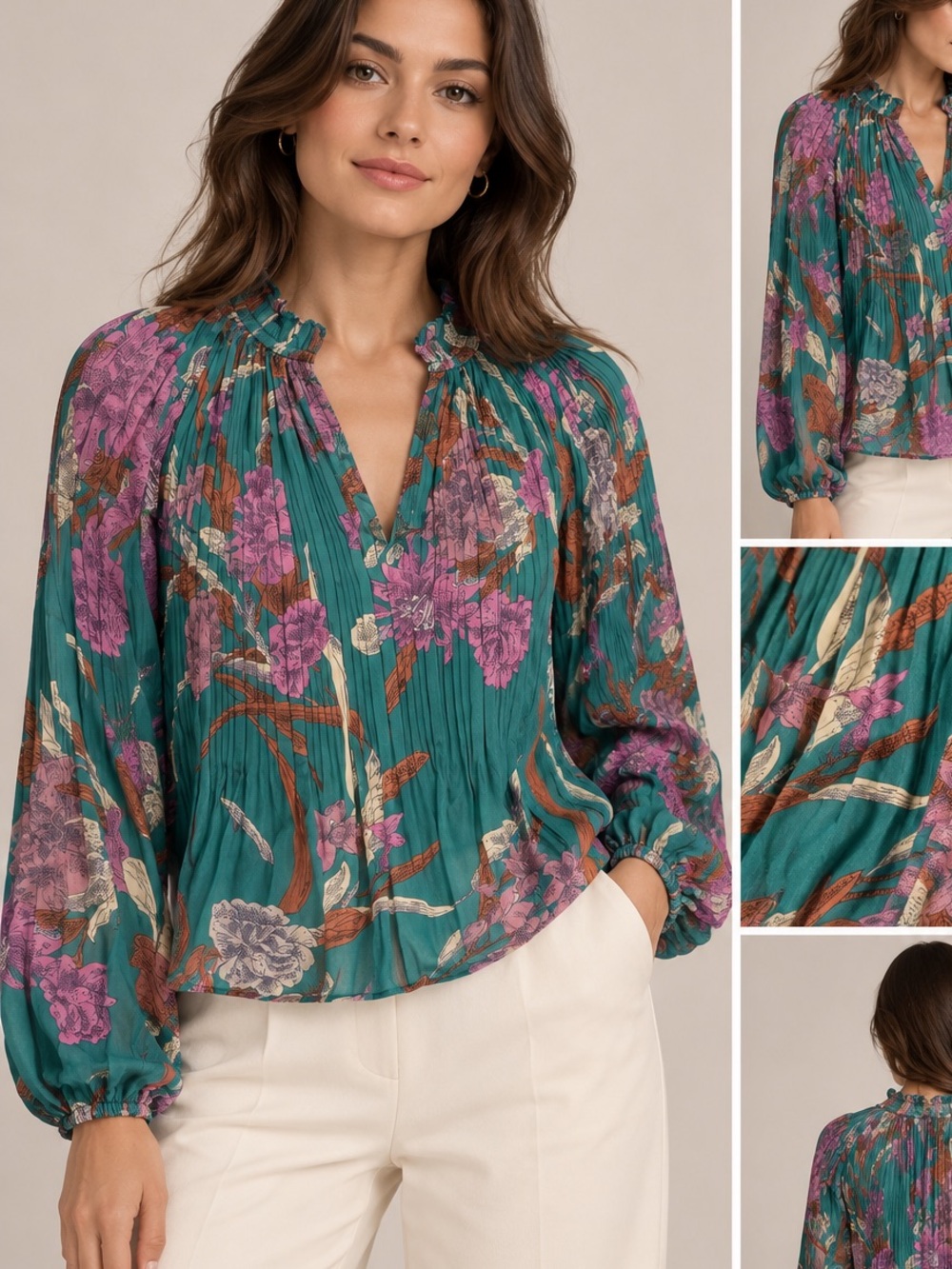 Tahari Teal Floral Pleated V-Neck Blouse